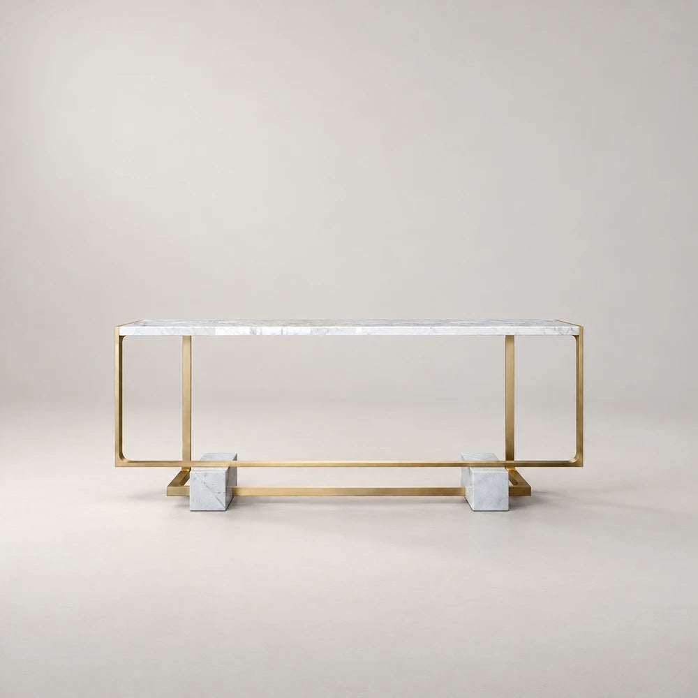 Front view of the B01 Bar by Eva Szumilas, with a white veined marble top, open gold-toned metal frame and two marble blocks at the base.